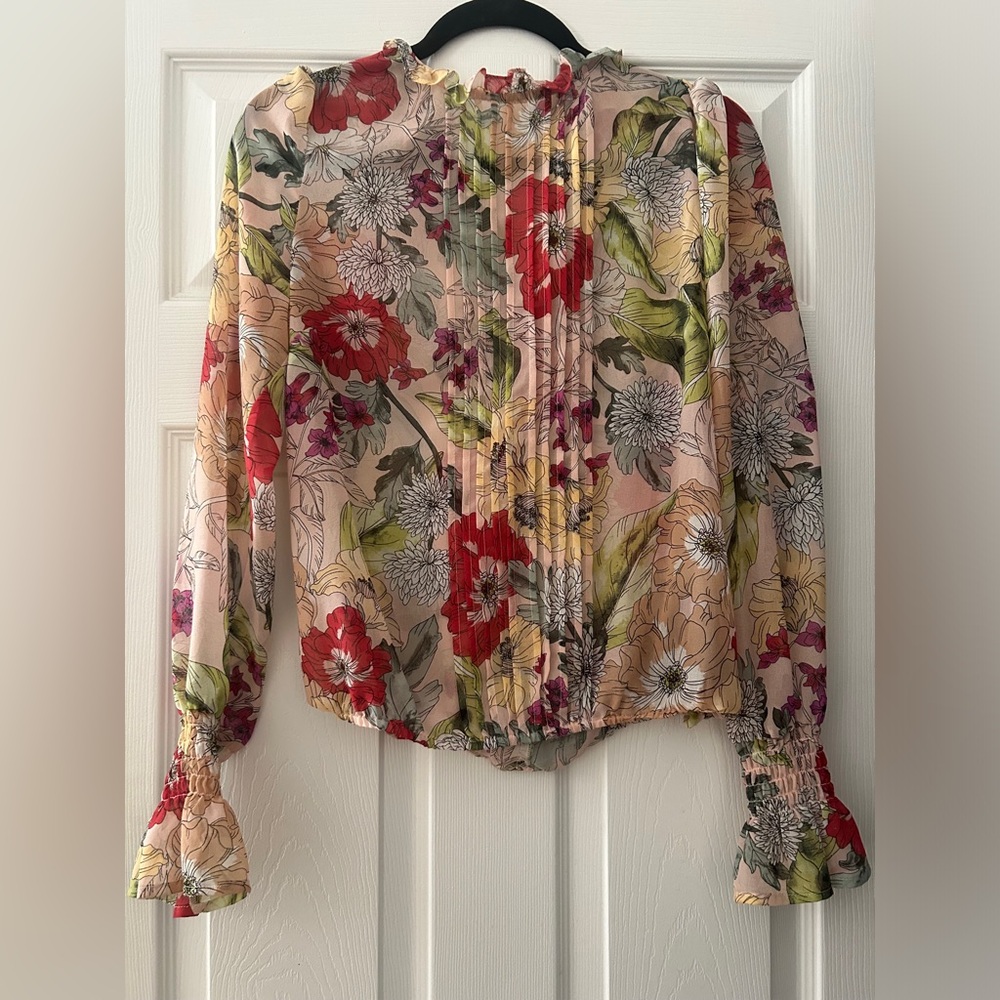 Guess Floral Pintuck Long-Sleeve Blouse - Pink, Red, Green